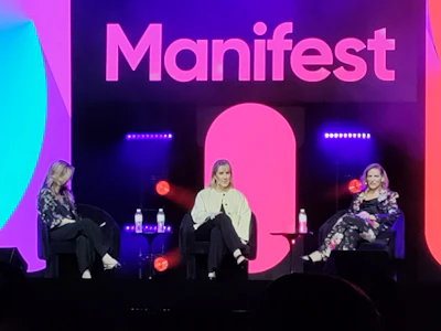 Courtney Muller, president of Manifest; Bernadette Hunter, chief revenue officer of ReturnBear; and Laura Ritchey, CEO of GEODIS America, at the Women's Luncheon.