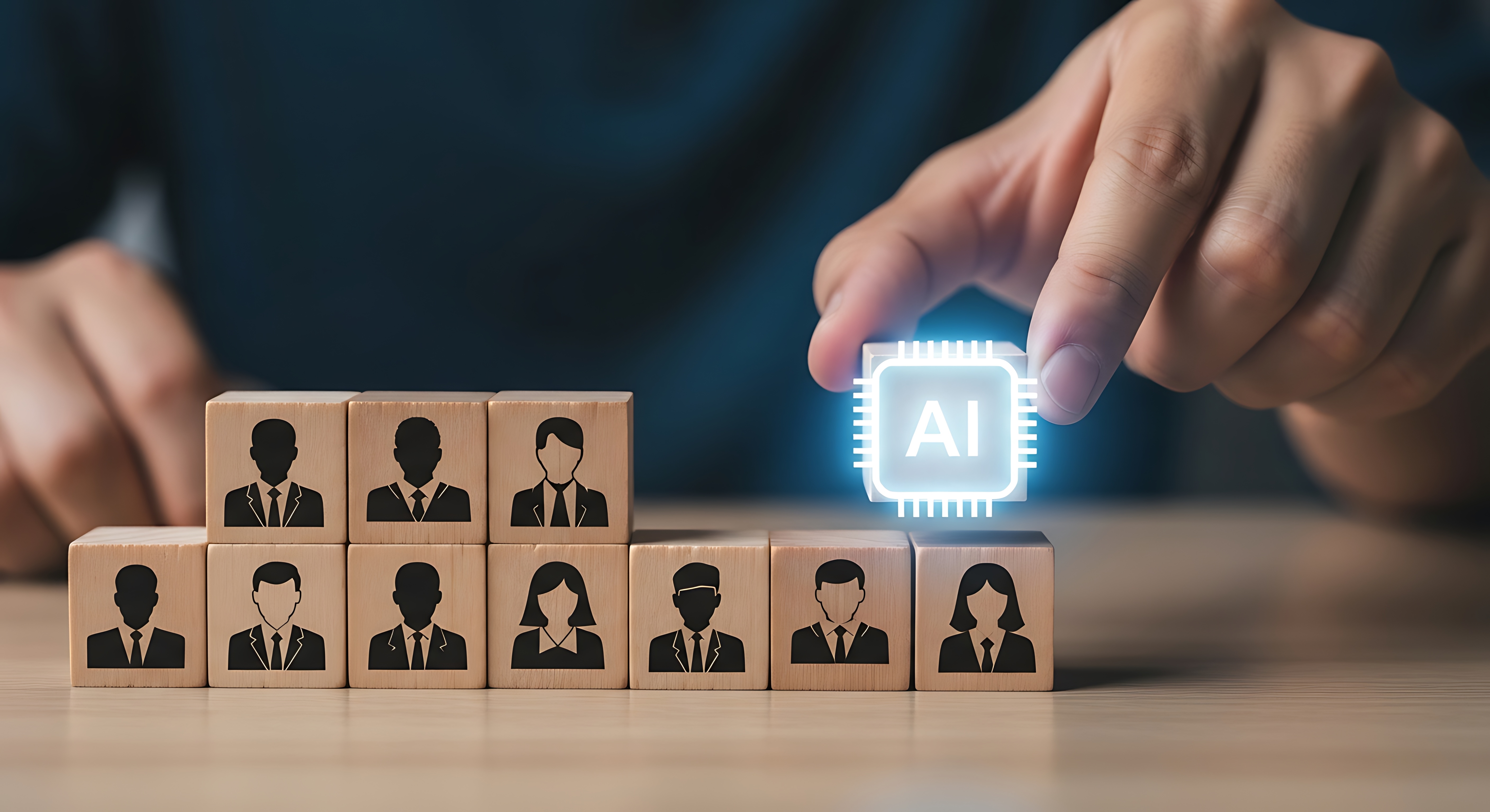 Hand placing glowing AI chip icon among wooden blocks with business professional silhouettes representing artificial intelligence in workforce management