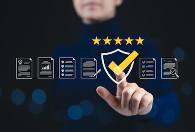 Professional holding shield with checkmark surrounded by document icons and five-star rating, representing quality assurance and verification