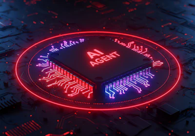 Neon-lit AI Agent microchip glowing red and blue on a dark circuit board with digital pathways