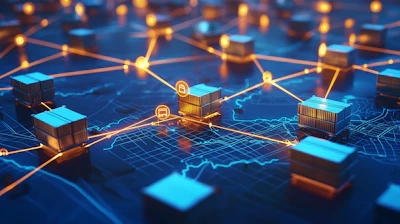 Digital supply chain network visualization with glowing interconnected shipping containers and data flow nodes