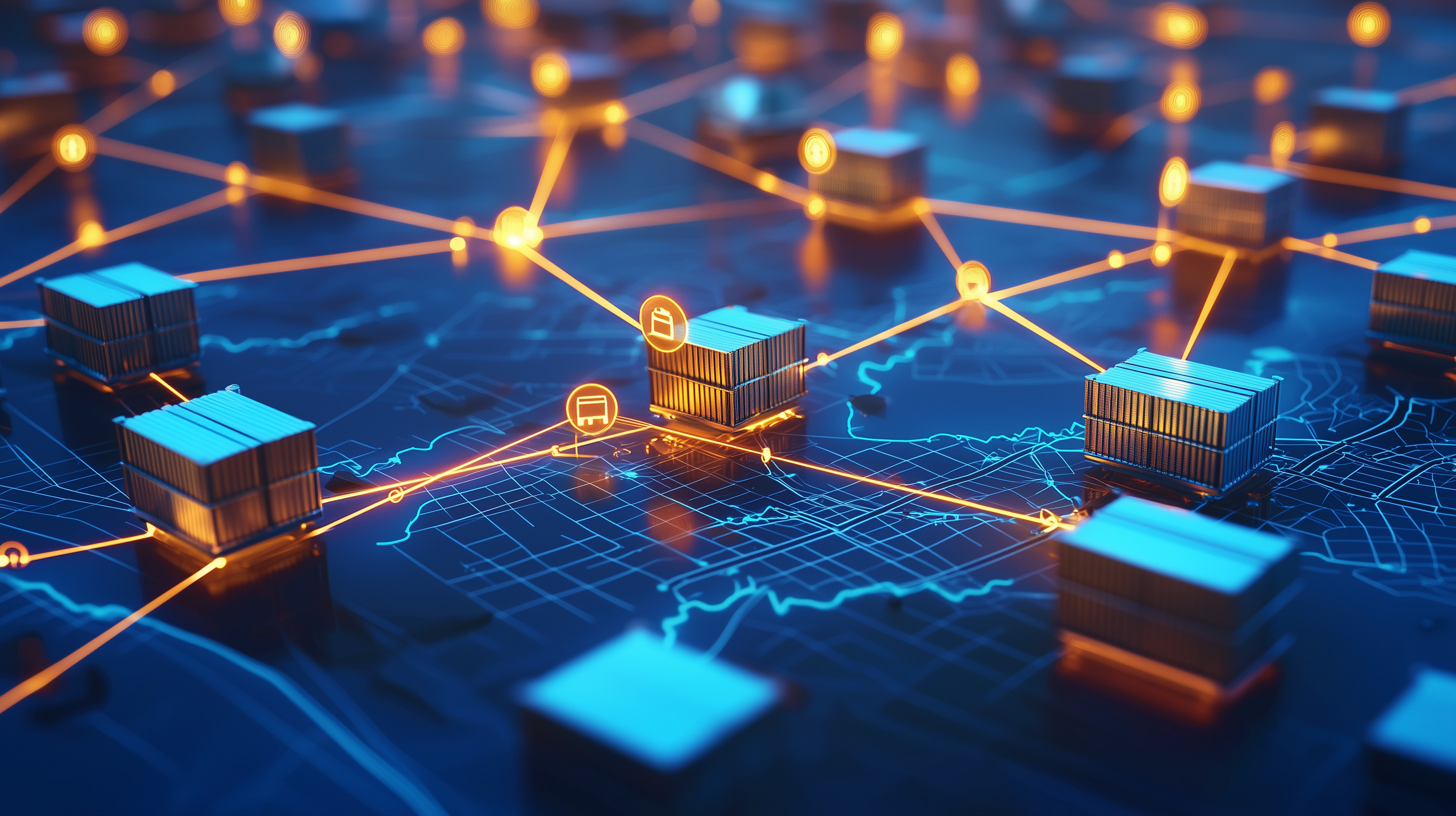 Digital supply chain network with glowing interconnected shipping containers and nodes on blue background