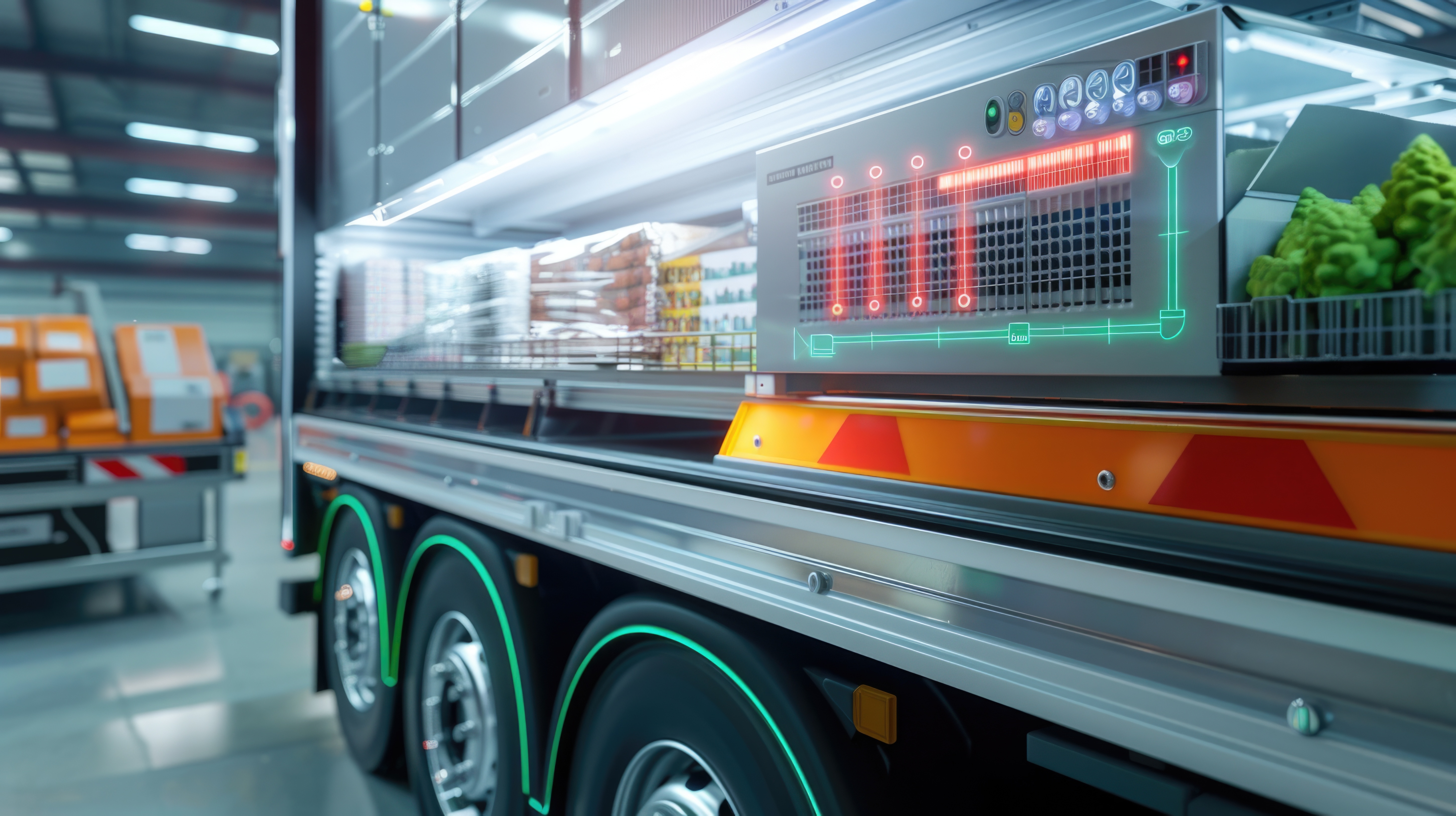 Modern refrigerated food truck with LED display and green neon trim in warehouse facility