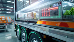 Modern refrigerated food truck with LED display and green neon trim in warehouse facility
