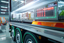 Modern refrigerated food truck with LED display and green neon trim in warehouse facility