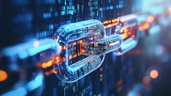 Digital chain links with binary code representing data security and blockchain technology