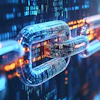 Digital chain links with binary code representing data security and blockchain technology