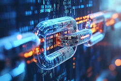 Digital chain links with binary code representing data security and blockchain technology