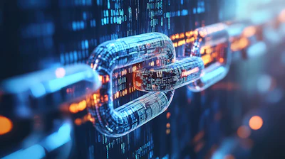 Digital chain link with binary code and glowing data streams representing cybersecurity and blockchain technology