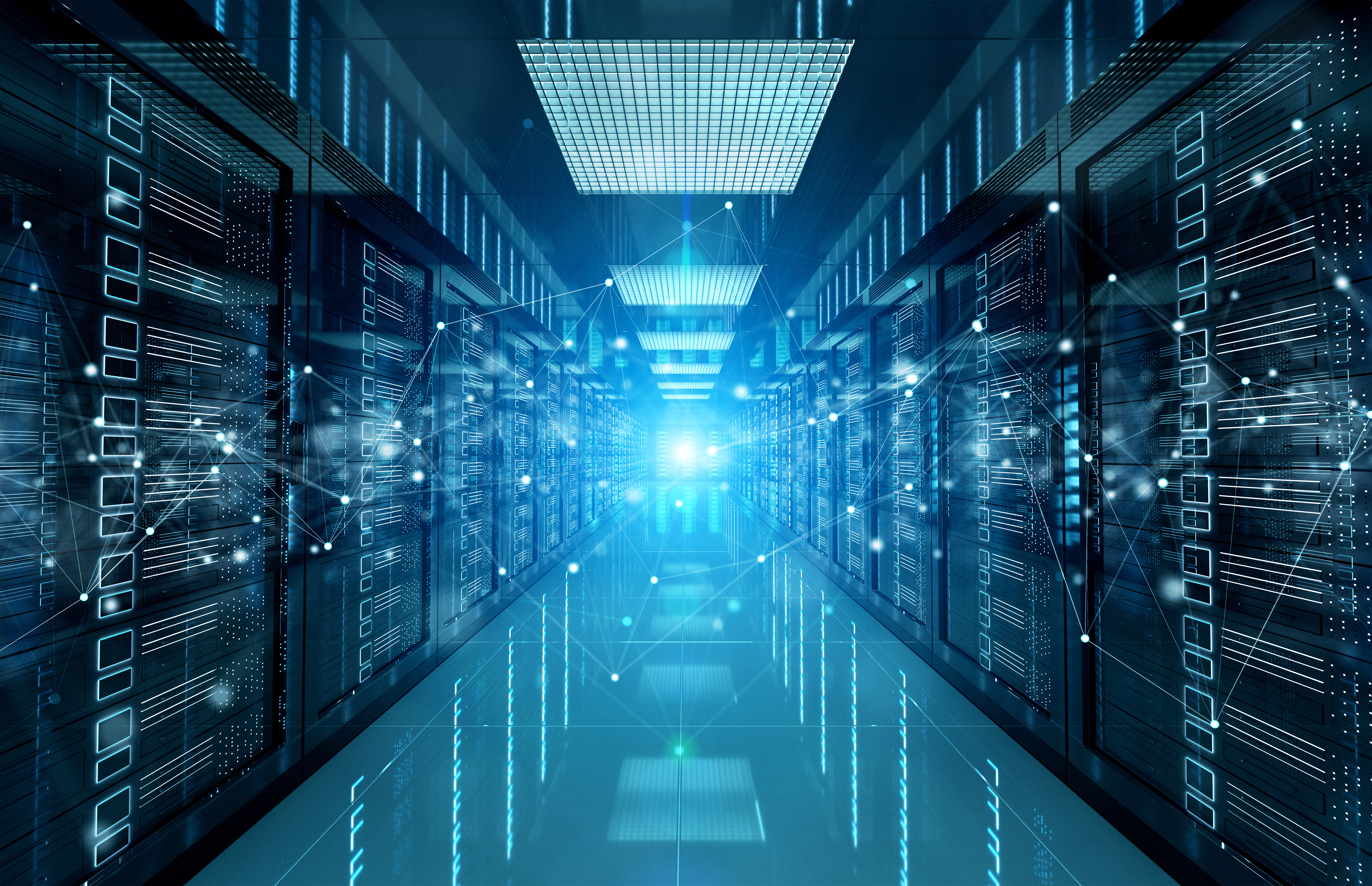 Modern data center corridor with illuminated server racks and blue digital lighting effects