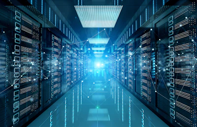 Modern data center corridor with illuminated server racks and blue digital lighting effects