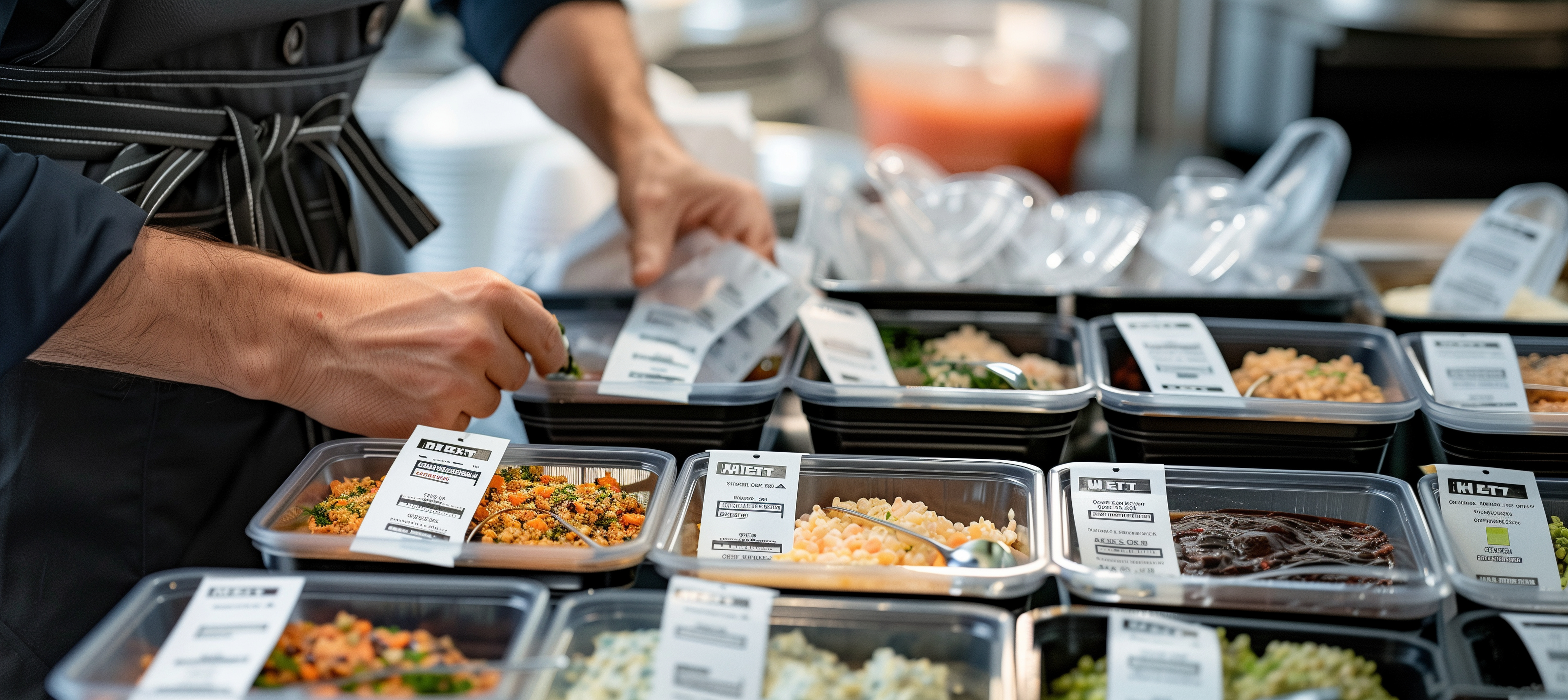 Chef preparing food at a catering station with multiple labeled dishes in metal containers