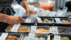 Chef preparing food at a catering station with multiple labeled dishes in metal containers