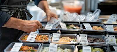 Chef preparing food at a catering station with multiple labeled dishes in metal containers