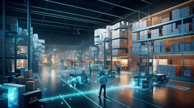 Futuristic digital warehouse interior with glowing cyan pathways, workers, stacked boxes, and illuminated shelving in a high-tech logistics facility