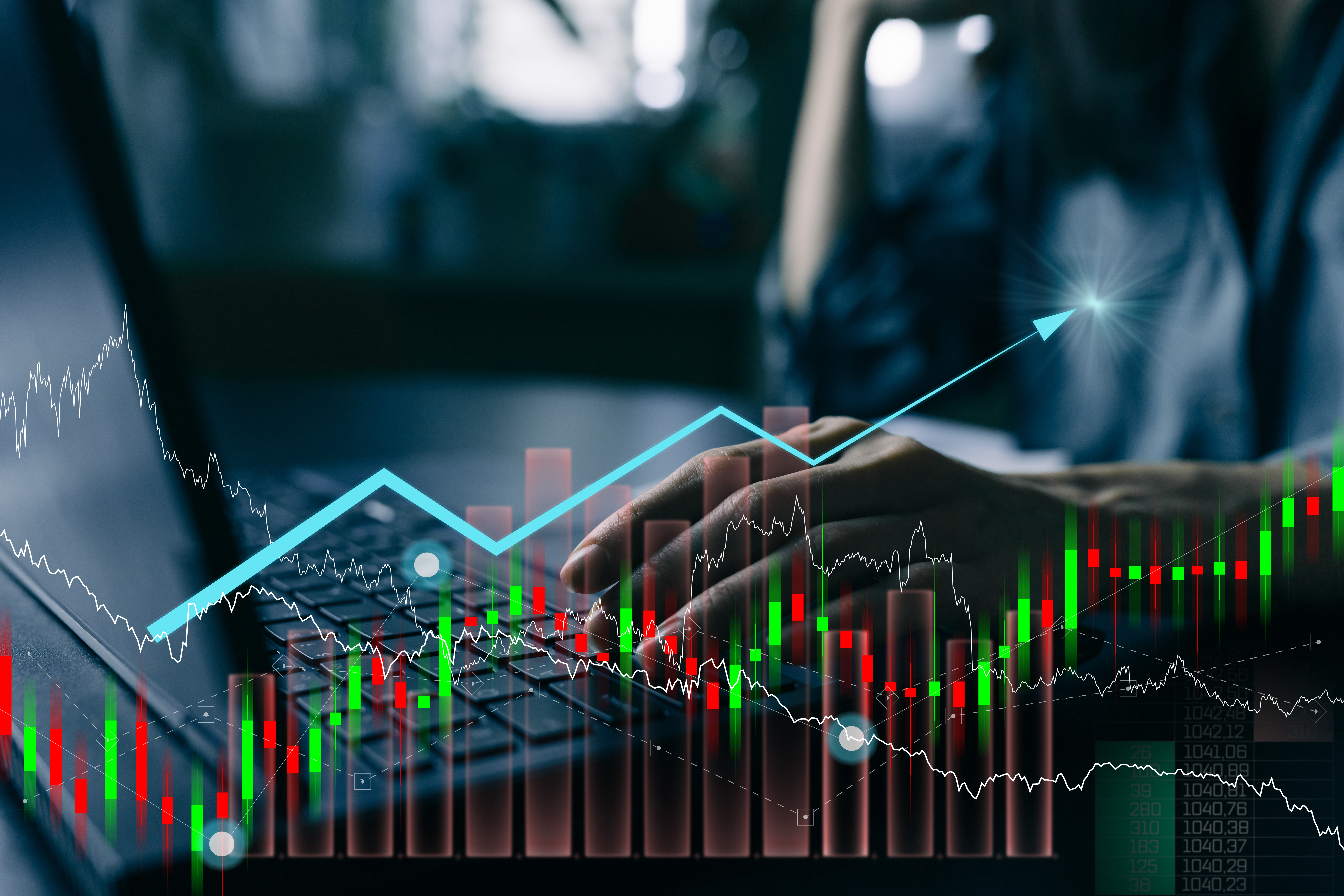 Stock market trading dashboard with candlestick charts, upward trending line, and financial data visualization