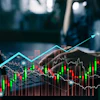 Stock market trading dashboard with candlestick charts, upward trending line, and financial data visualization