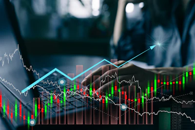 Stock market trading dashboard with candlestick charts, upward trending line, and financial data visualization