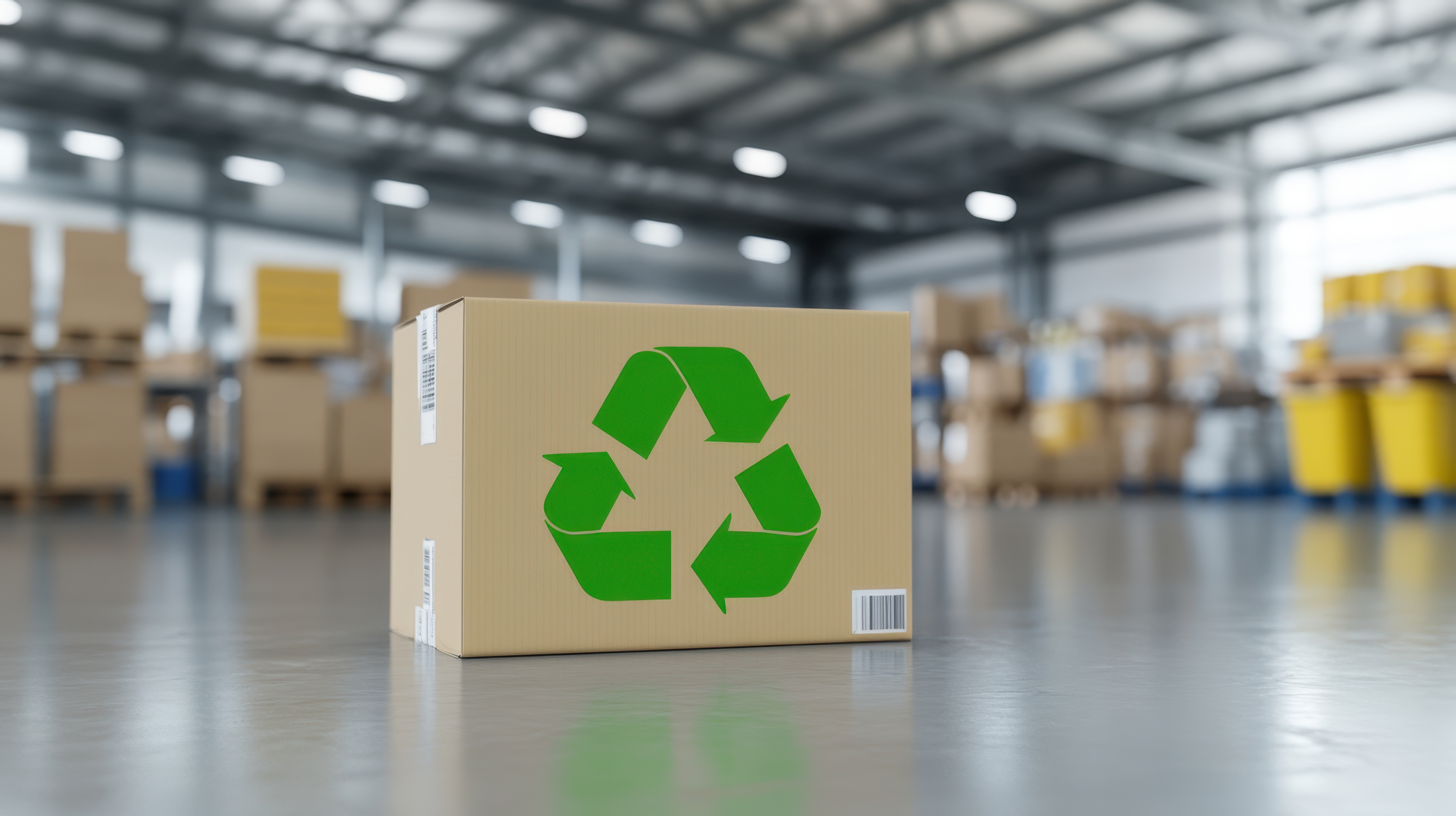 Cardboard box with green recycling symbol in warehouse storage facility