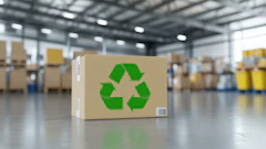 Cardboard box with green recycling symbol in warehouse storage facility