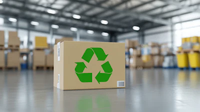 Cardboard box with green recycling symbol in warehouse storage facility