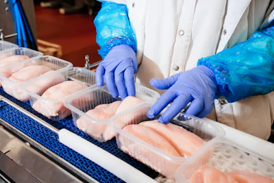 Food processing worker in blue gloves inspecting salmon fillets on a conveyor line