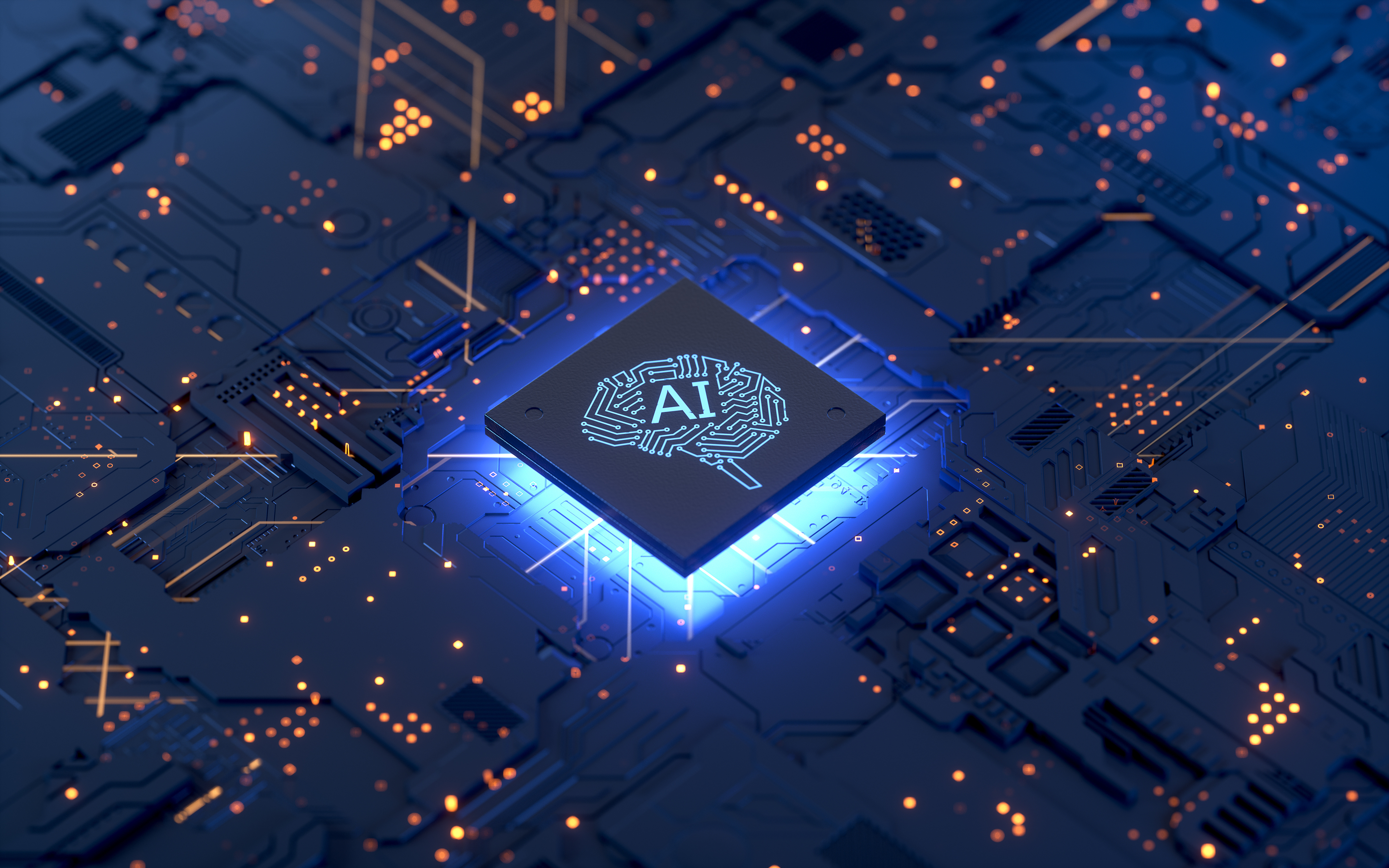 Glowing AI chip with brain symbol on illuminated circuit board with orange data points