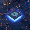 Glowing AI chip with brain symbol on illuminated circuit board with orange data points
