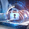 Digital security illustration showing padlock icon with keyhole overlaid on hands typing at laptop keyboard with blue data visualization elements