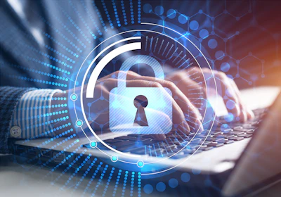 Digital security illustration showing padlock icon with keyhole overlaid on hands typing at laptop keyboard with blue data visualization elements