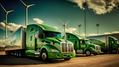 Fleet of green semi-trucks parked at facility with wind turbines and stadium lights under cloudy sky