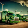 Fleet of green semi-trucks parked at facility with wind turbines and stadium lights under cloudy sky
