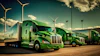 Fleet of green semi-trucks parked at facility with wind turbines and stadium lights under cloudy sky