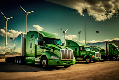 Fleet of green semi-trucks parked at facility with wind turbines and stadium lights under cloudy sky