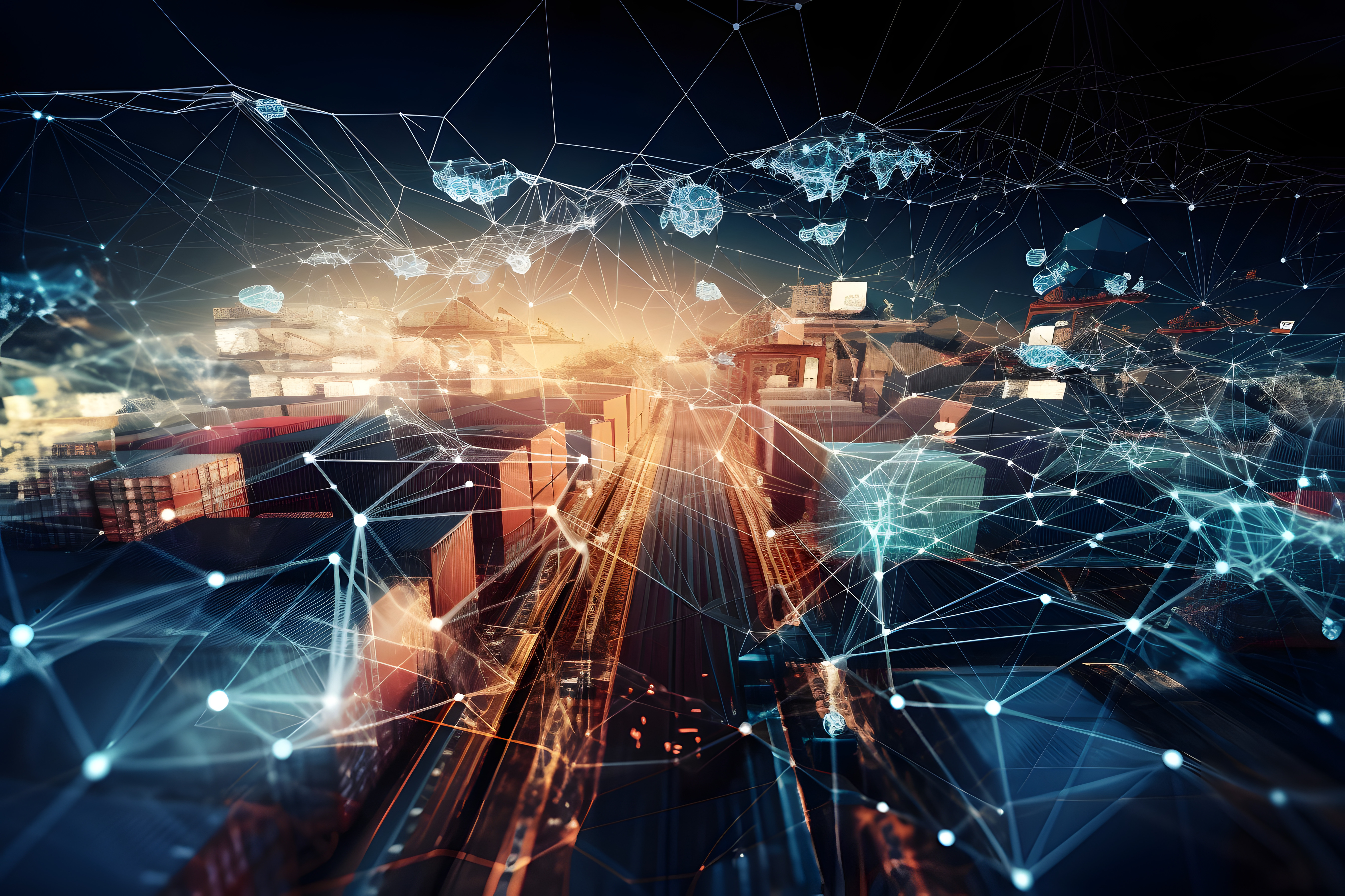 Digital illustration of smart port logistics network with shipping containers and glowing interconnected nodes representing global trade connectivity