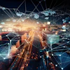 Digital illustration of smart port logistics network with shipping containers and glowing interconnected nodes representing global trade connectivity