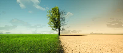 Single tree dividing lush green field from barren cracked desert landscape under cloudy sky