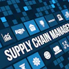 Supply chain management concept with business icons including warehouse, logistics, analytics, and collaboration symbols on blue digital background