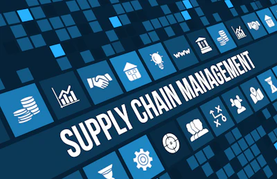 Supply chain management concept with business icons including logistics, analytics, and collaboration symbols on blue digital background