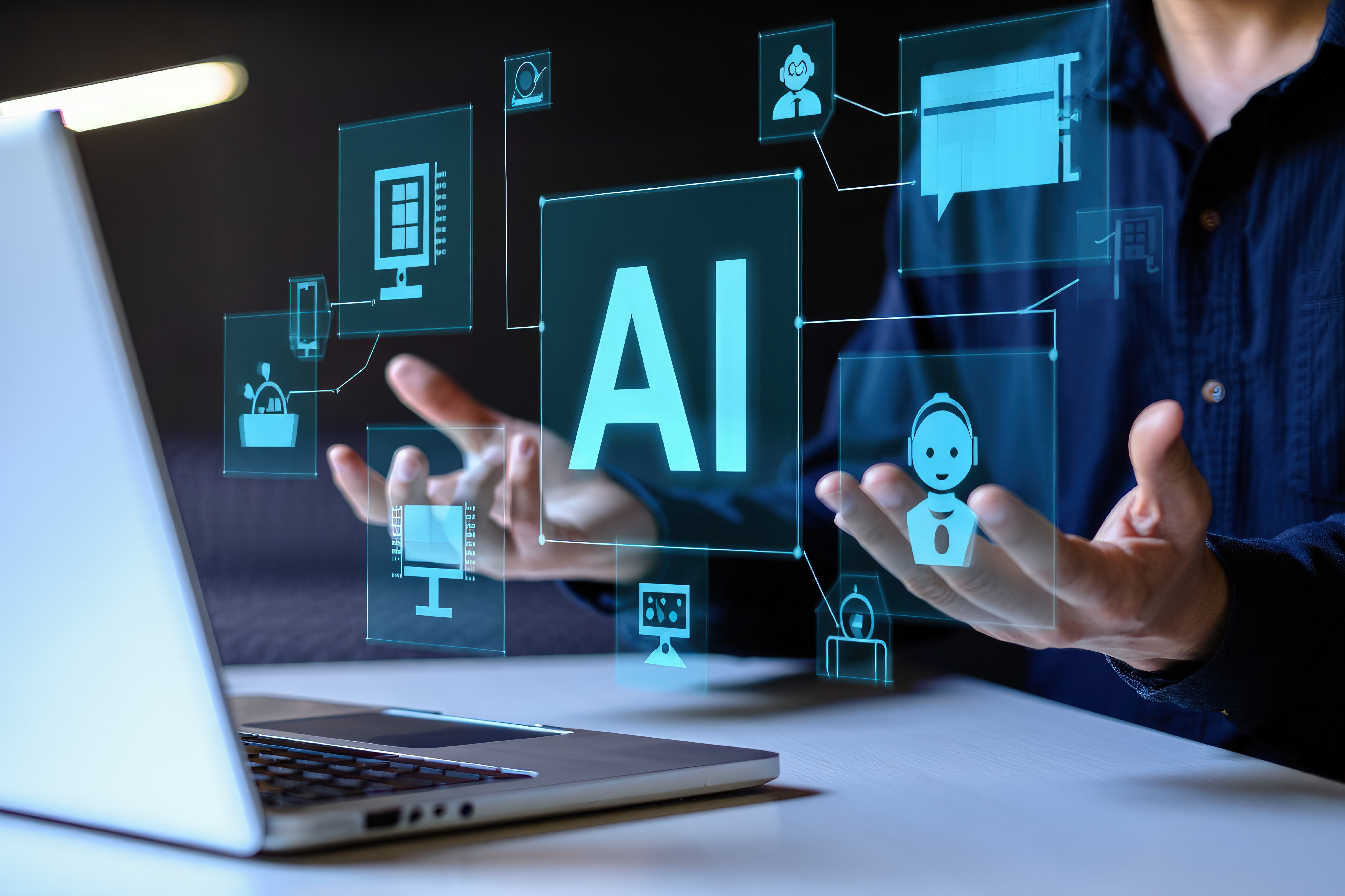 Professional holding holographic AI interface with connected digital icons representing technology and automation
