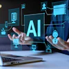 Professional holding holographic AI interface with connected digital icons representing technology and automation