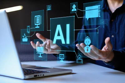 Professional holding holographic AI interface with connected digital icons representing technology and automation