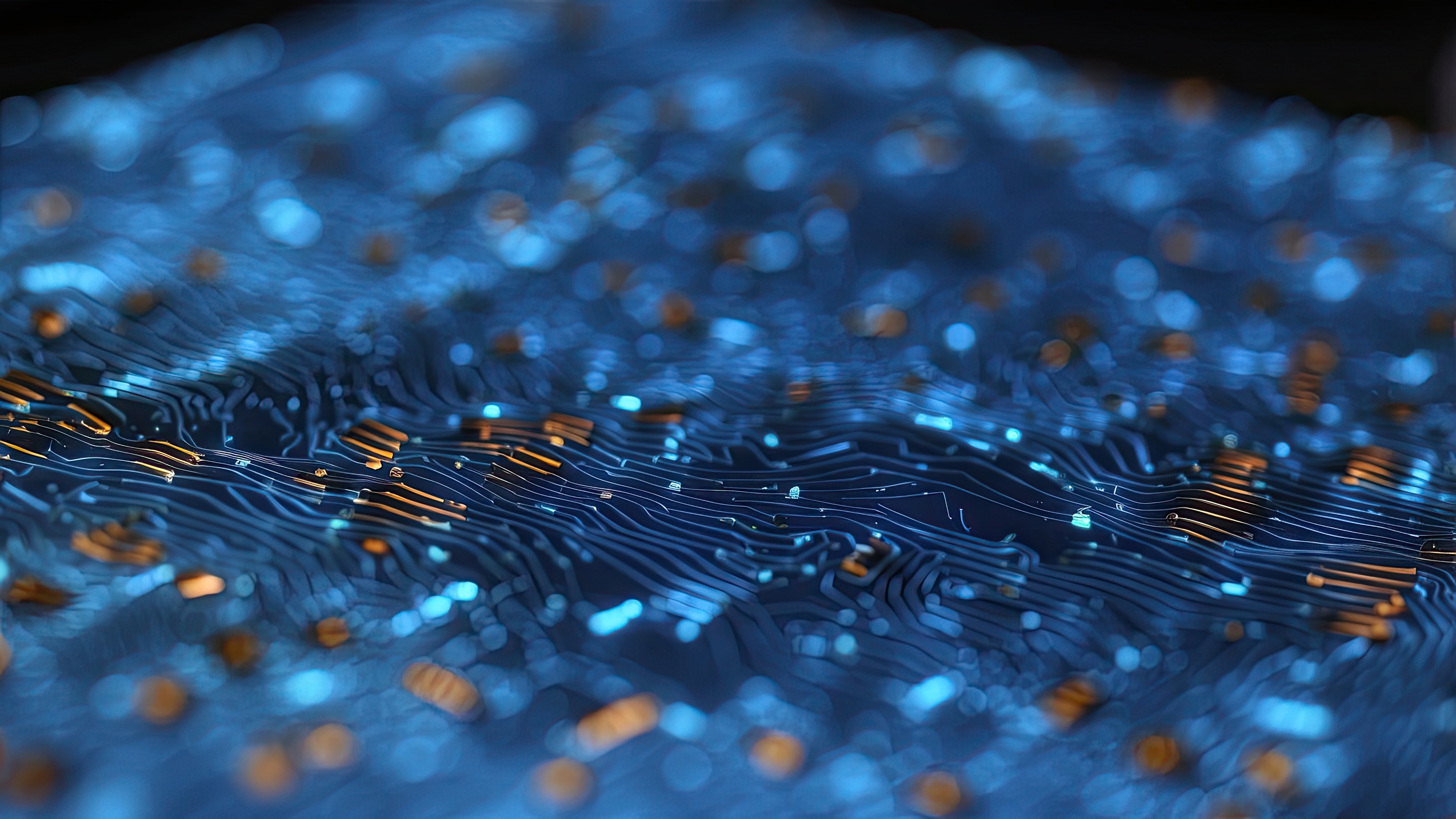 Abstract digital background with glowing blue and orange circuit board patterns and data particles