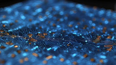 Abstract digital background with glowing blue and orange circuit board patterns and data particles