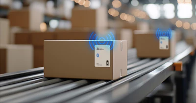 Cardboard boxes with Bluetooth tracking labels on warehouse conveyor belt with wireless signal indicators