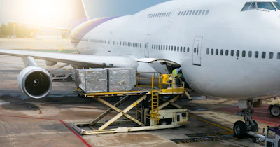 Cargo loader transferring freight containers to wide-body aircraft at airport during daytime operations