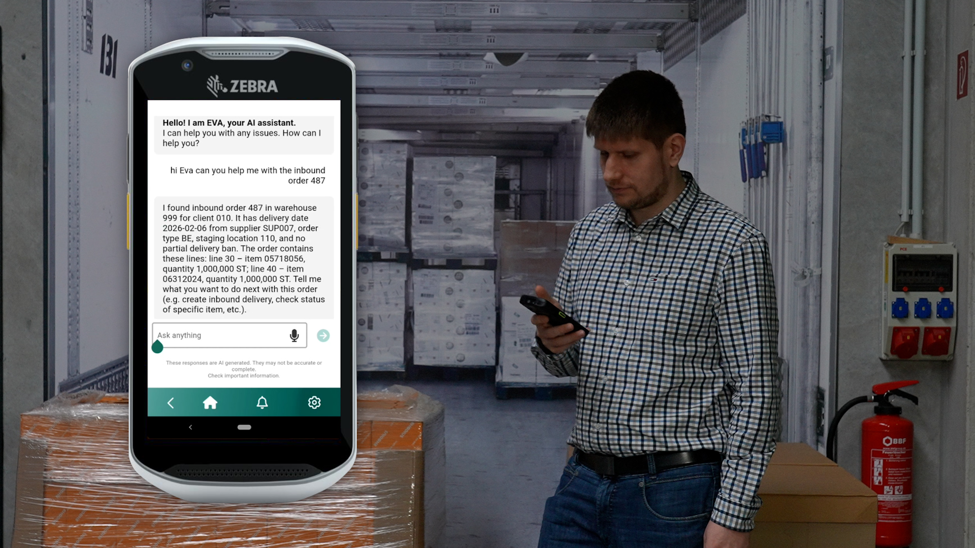 Warehouse worker using Zebra mobile device with AI assistant interface in industrial storage facility