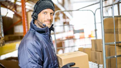 Warehouse worker wearing headphones and winter gear handling cardboard boxes in a logistics facility