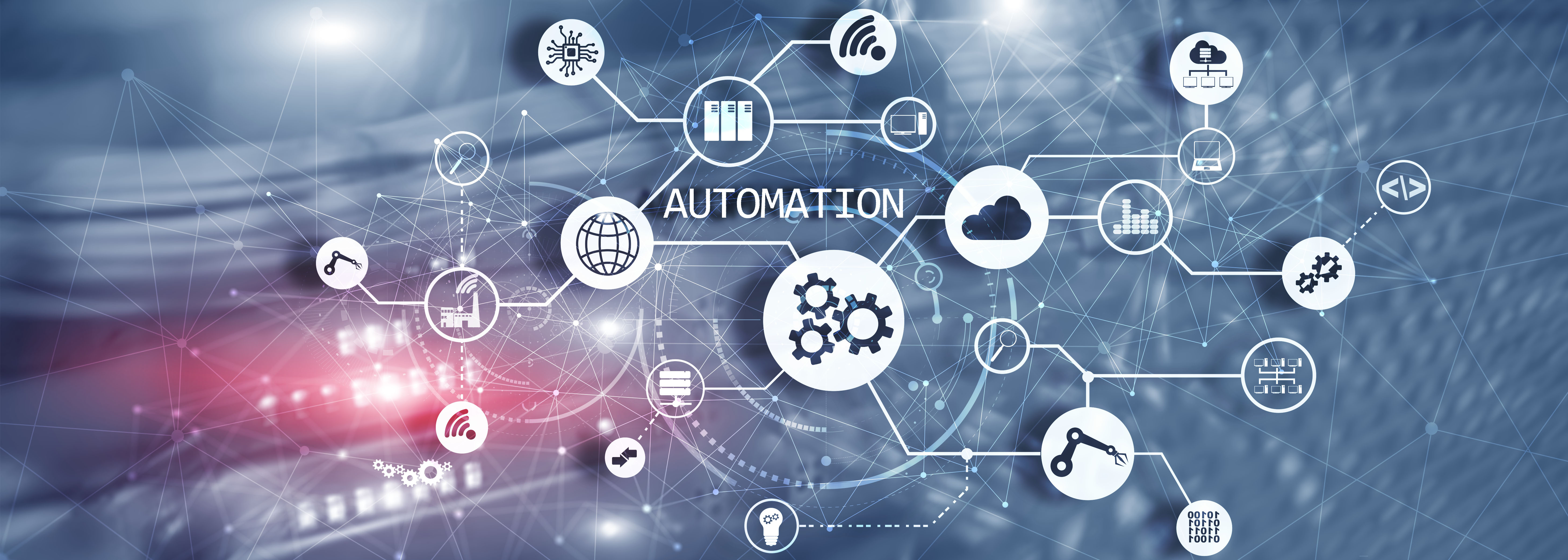 Digital automation network diagram with interconnected icons representing cloud computing, data analytics, and IoT connectivity