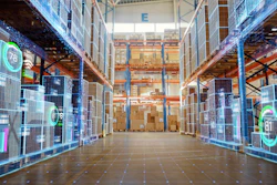 Modern warehouse interior with digital overlay showing storage shelves, green efficiency indicators, and networked connectivity icons